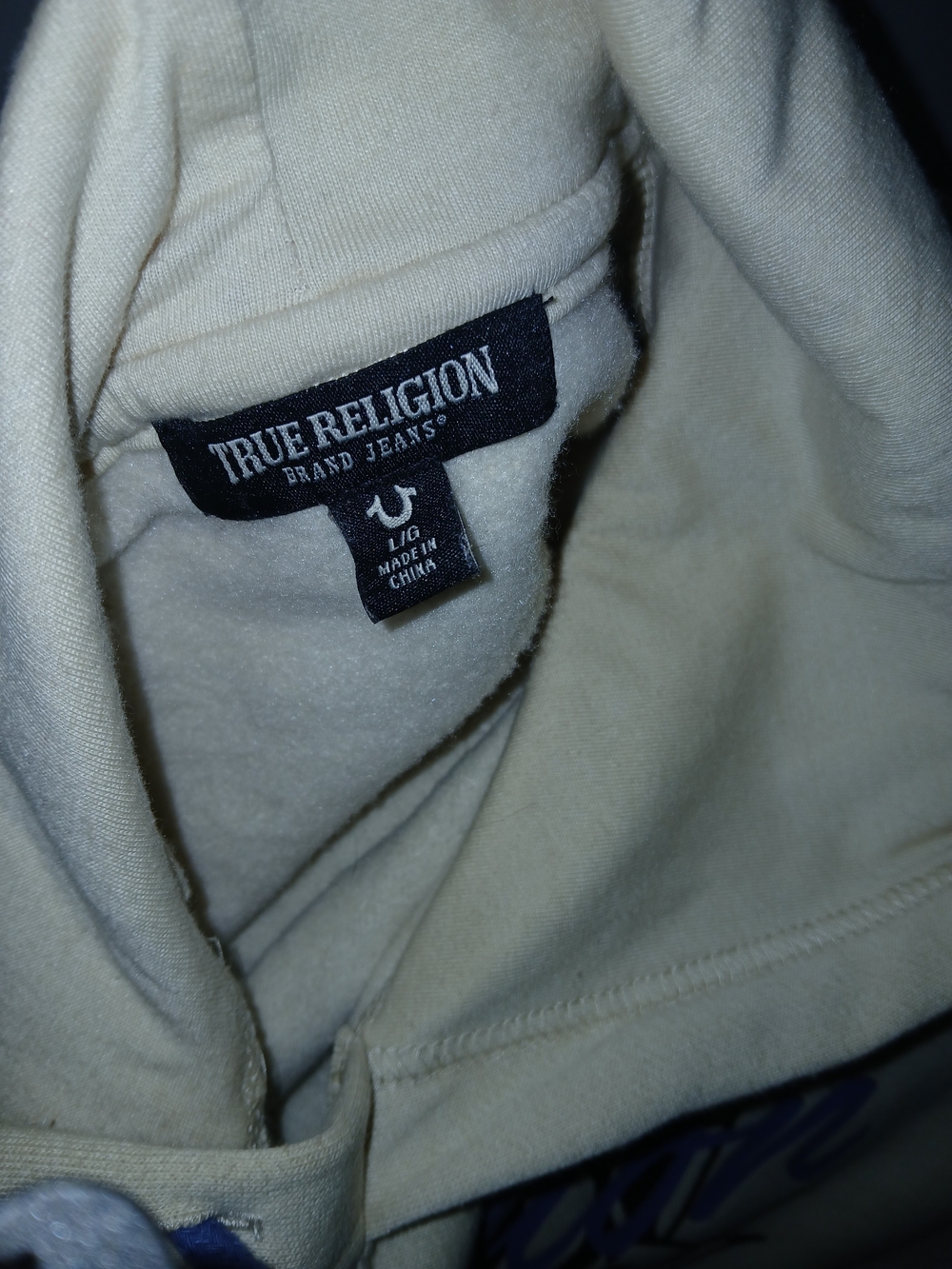 True Religion Cream Pullover Hoodie with Blue Logo & Drawcord - Picture 2 of 2
